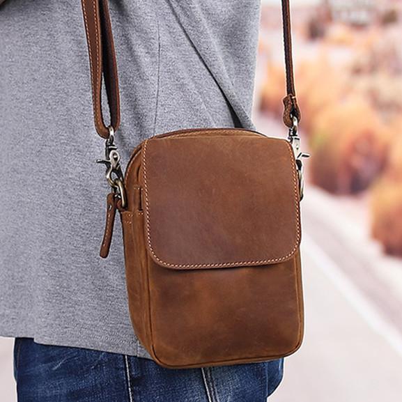 Brown Mens Leather Small Belt Pouch Mens Waist Bag Side Bag Mini