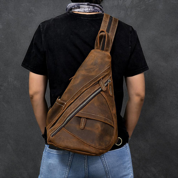 Vintage Leather Mens 16" Backpack Sling Bag Brown Chest Bag One Shoulder Backpack for Men