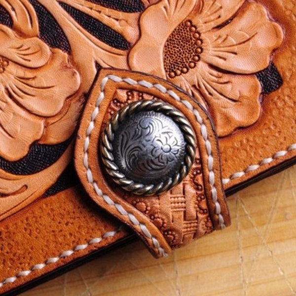 Handmade Tooled Red Leather Floral Biker Chain Wallet Mens Long