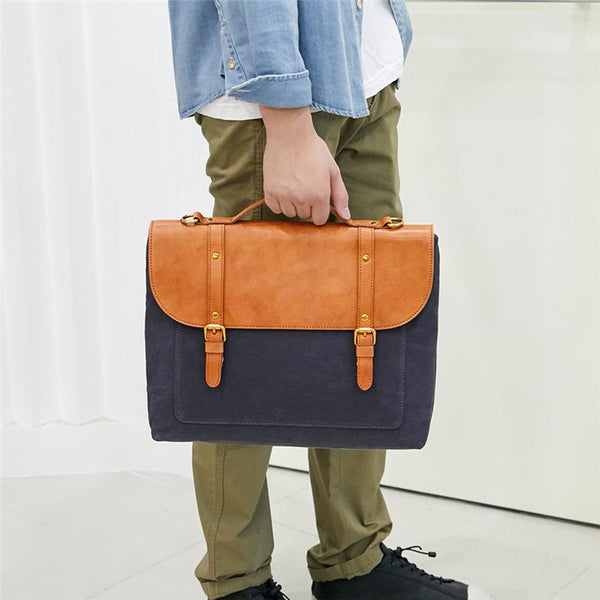 Canvas Leather Mens 15" Brown Messenger Bag Side Bag Briefcase Green Courier Bag for Men