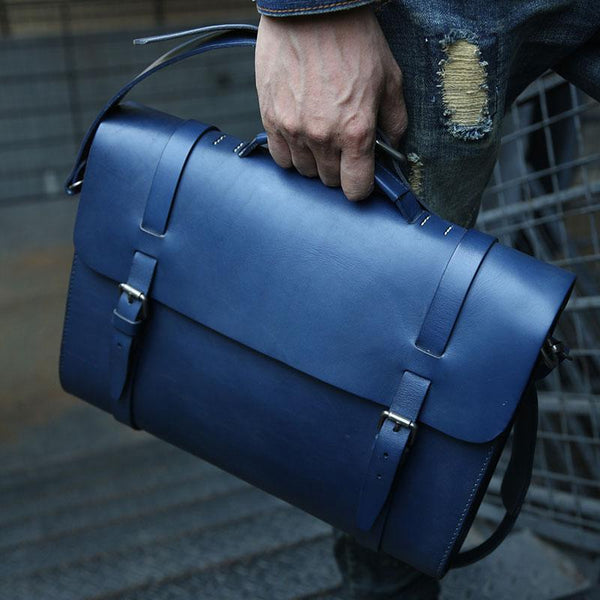 Blue Leather Mens Briefcase Messenger Bag Handbag Shoulder Bag for men