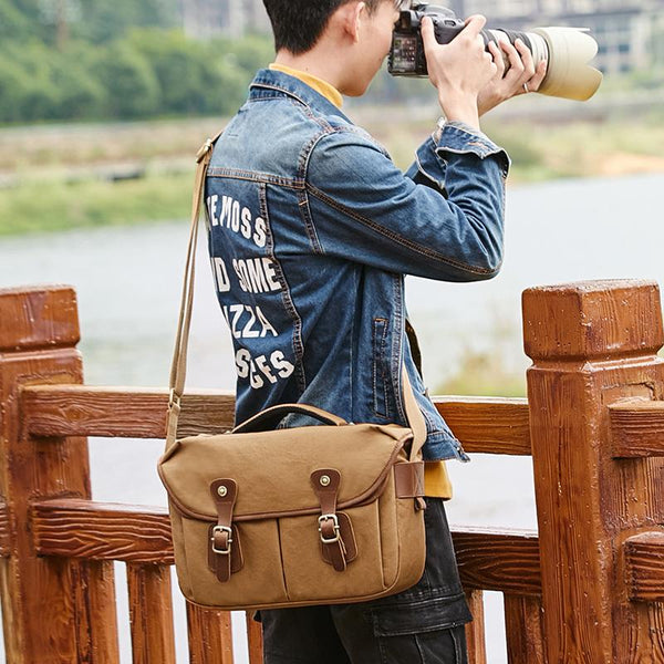 Canvas Leather Mens 14'' Waterproof Army Green CANON CAMERA Khaki Messenger Bag NIKON CAMERA Side BAG DSLR CAMERA BAG