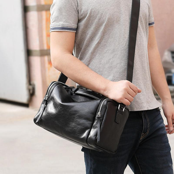 Fashion Black Leather Men's Small Barrel Side Bag Travel Bag Small Black Overnight Bag For Men