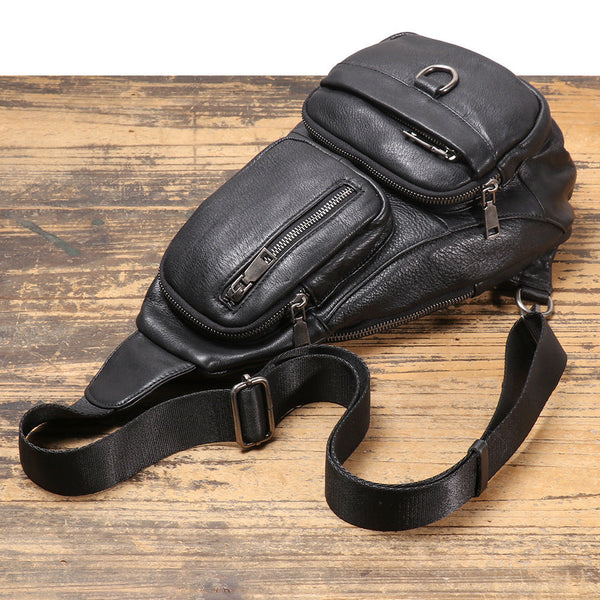 Black Leather Sling Bag for Men Crossbody Leather Sling Bag Leather Sling Crossbody Bag - iwalletsmen