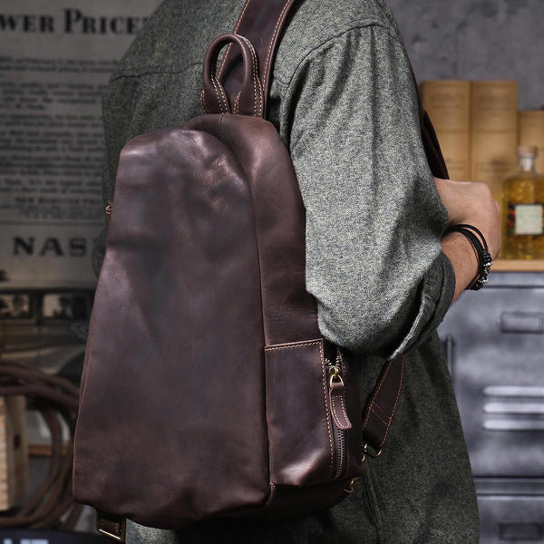 Sling bag for big man - large leather sling backpack with triangle silhouette, vintage Crazy Horse leather