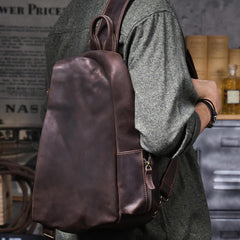 Sling bag for big man - large leather sling backpack with triangle silhouette, vintage Crazy Horse leather