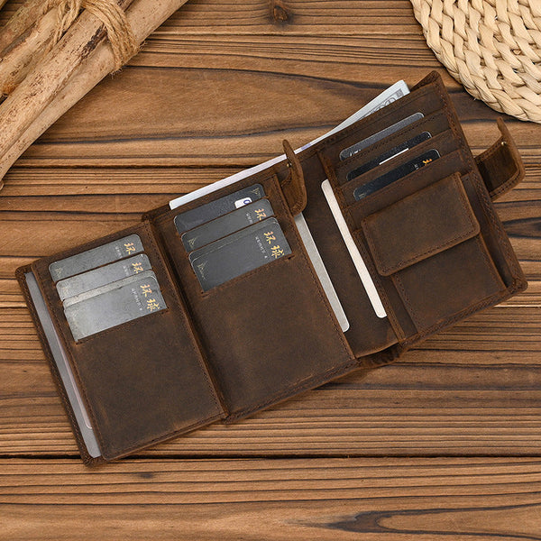 Dark Brown Leather Vertical Wallet with Buckle 