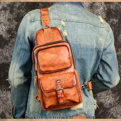 Brown Leather Chest Bag for Men Mens Chest Crossbody Bag Leather Cross Chest Bag Men's - iwalletsmen