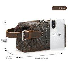 Braided Pattern Leather Toiletry Bag Men's Brown Leather Toiletry Bag Full Grain Leather Toiletry Bag - iwalletsmen