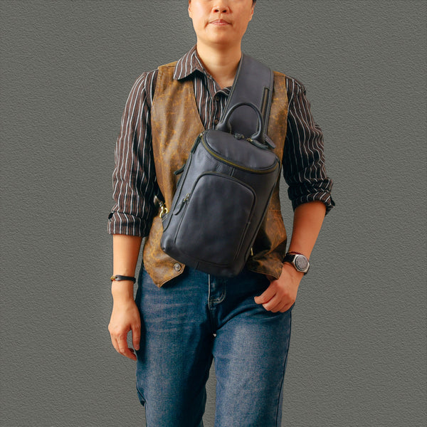 Sling bag for big man - large leather sling backpack with contrast stitching, vintage style
