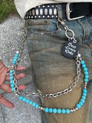 Cyan Blue Ball Double Wallet Chain Beaded Pants Chain Double Pants Chain - iChainWallets