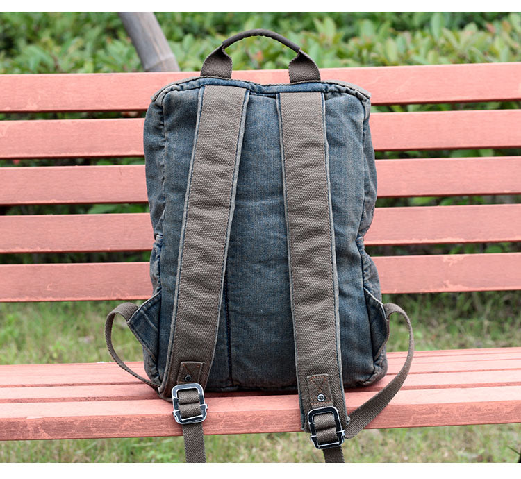 denim backpack with leather Vintage Denim Backpack Womens Denim Backpacks Mens 14 inches Denim Backpack Denim Backpack Purse