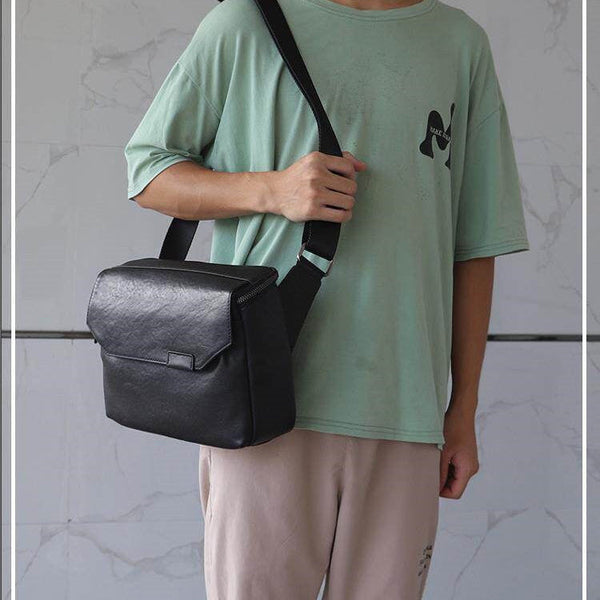 Black Leather Messenger Bag - Front View