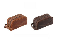 Brown Leather Men's Toiletry Bag Leather Roomy Dopp Kit Clutch Wash Kit - iwalletsmen