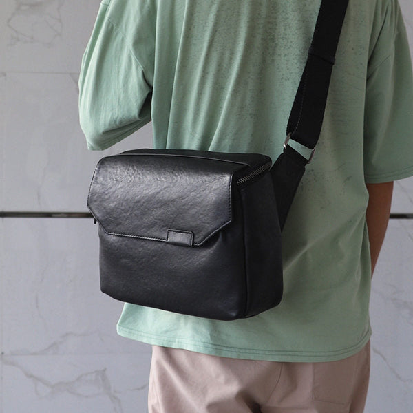 Black Leather Messenger Bag - Side View