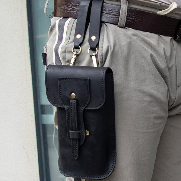 Black Mens Leather Phone Belt Pouch - iwalletsmen
