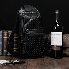 Braided Leather Sling Bag Mens Cool Chest Bag Crossbody Backpack One Strap Backpack for Men