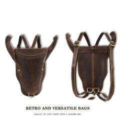 Brown Ox Bull Head Leather Backpack Mens Cool Leather Backpack - iwalletsmen
