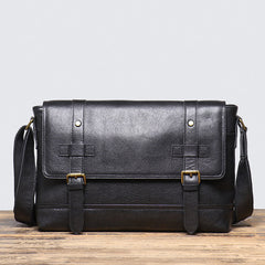 Black Leather Messenger Bag with Flap Black Flap Messenger Bag for Men - iwalletsmen