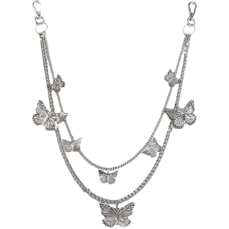 Fashion Womens Butterfly Jeans Chain Silver Double Layers Butterfly Wallet Chains Panties Chains For Men