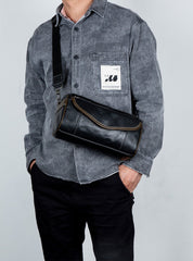 Black Barrel Leather Bag Mens Barrel Crossbody Bag Barrel Shoulder Bag for Men - iwalletsmen