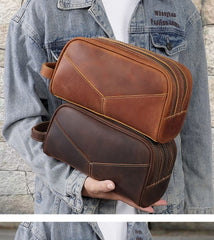 toiletry travel bag mens Brown Leather Men's Toiletry Bag Leather Roomy Dopp Kit Clutch Wash Kit - iwalletsmen