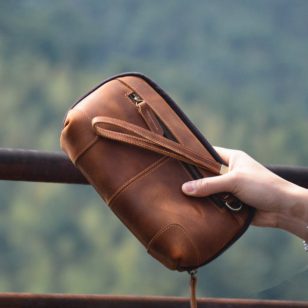 Brown Leather Clutch Wristlet 