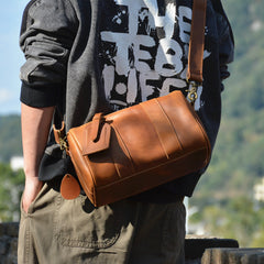 Brown Leather Barrel Crossbody Bag 