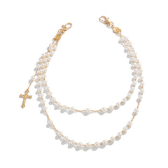 Pearl Wallet Chain Gold Beaded Wallet Chain for Women Double Wallet Chain with Cross - iChainWallets