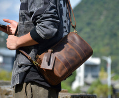 Brown Mens Barrel Leather Bag Small Barrel Shoulder Bag - iwalletsmen