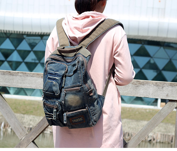 denim backpack with leather WG164-210 Wrangler Patchwork Mini Detachable Coin MONTANA WEST U.S.A over flap Denim Backpack Purse Vintage Denim