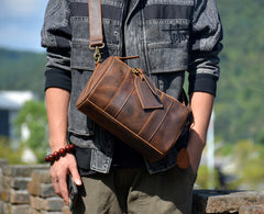 Brown Leather Barrel Crossbody Bag Mens Barrel Leather Bag Small Barrel Shoulder Bag - iwalletsmen