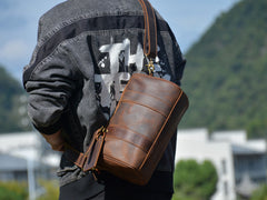 Brown Leather Barrel Crossbody Bag Mens Barrel Leather Bag Small Barrel Shoulder Bag - iwalletsmen