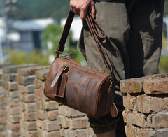 Brown Leather Barrel Crossbody Bag Mens Barrel Leather Bag Small Barrel Shoulder Bag - iwalletsmen