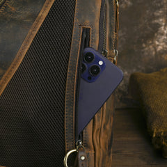 Sling bag for big man - leather texture and stitching detail close-up
