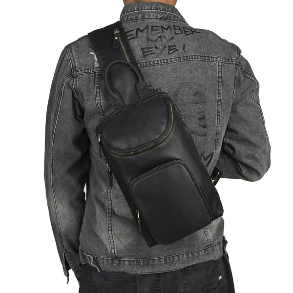 Sling bag for big man - leather texture and stitching detail close-up