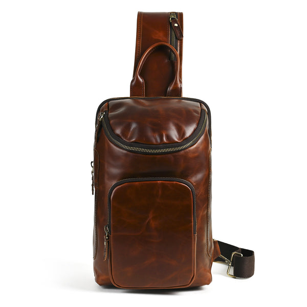 Sling bag for big man - leather texture and stitching detail close-up