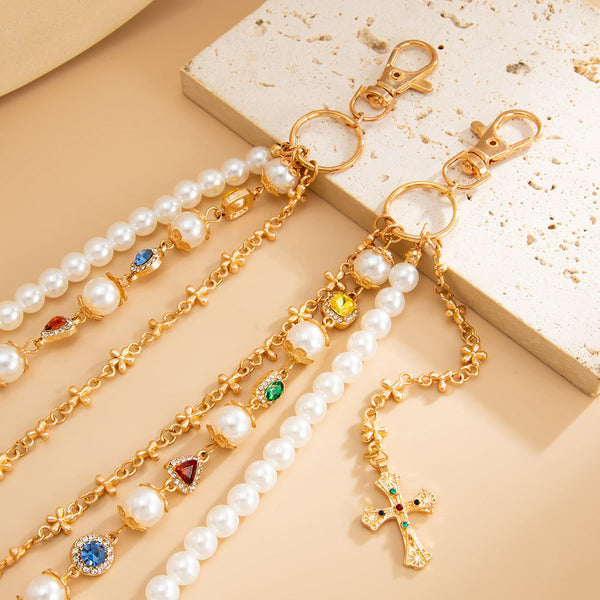 Gold Womens Wallet Chain Pearl Wallet Chain for Women Triple Ball Wallet Chain - iChainWallets