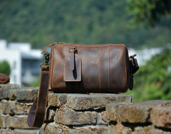 Brown Leather Barrel Crossbody Bag Mens Barrel Leather Bag Small Barrel Shoulder Bag - iwalletsmen