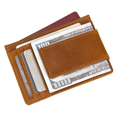 Brown Leather Magnetic Money Clip Wallet 