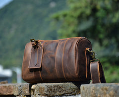 Brown Leather Barrel Crossbody Bag Mens Barrel Leather Bag Small Barrel Shoulder Bag - iwalletsmen