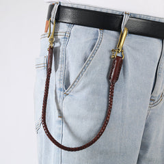 Brown Leather Braided Biker Wallet Chains Handmade Leather Pants Chain For Men