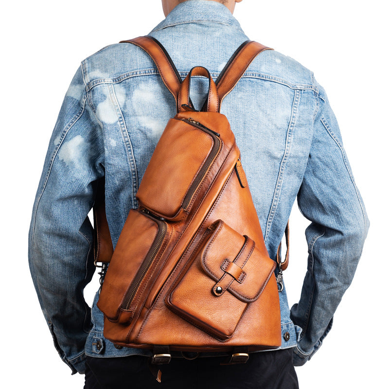 convertible sling backpack purse leather Large Men's Sling Bag Leather Convertible Big Sling Bag Backpack For Men
