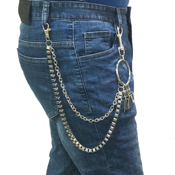 Mens Silver Double Layers Pants Chains With Cross Silver Cool Double Biker Wallet Chain For Men