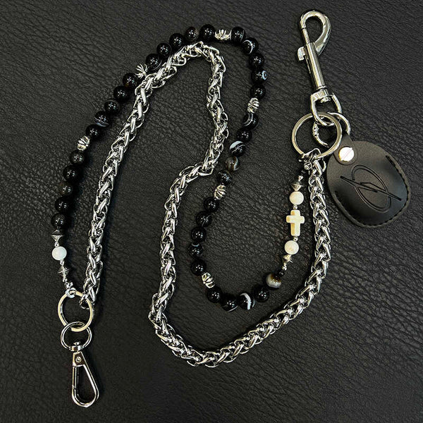 Black Ball Pants Chain Ball Wallet Chain Obsidian Stone Double Beaded Wallet Chain Long Bead Wallet Chain - iChainWallets