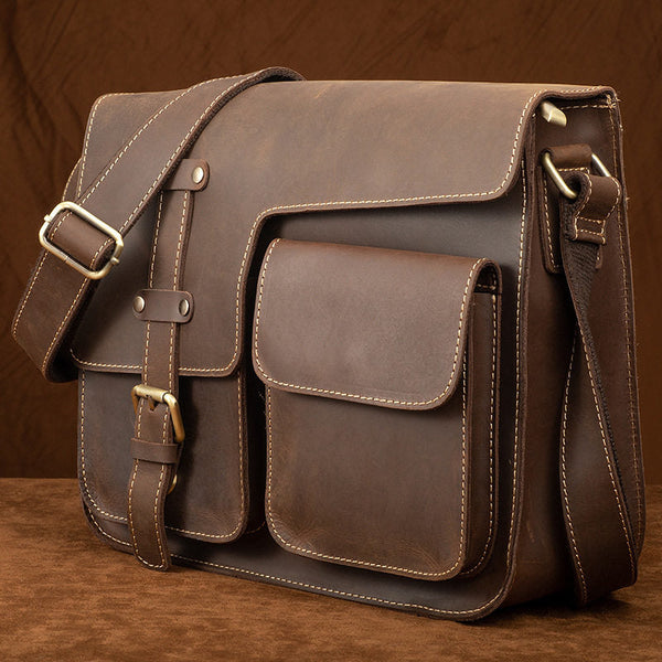 Brown Leather Messenger Bag - Front View