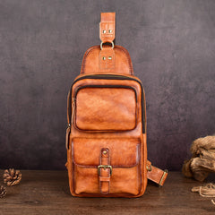 Brown Leather Chest Bag for Men Mens Chest Crossbody Bag Leather Cross Chest Bag Men's - iwalletsmen