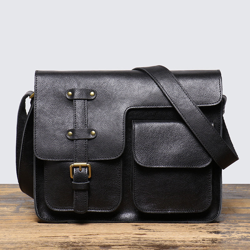 Black Leather A4 Black Flap Messenger Bag for Men - iwalletsmen