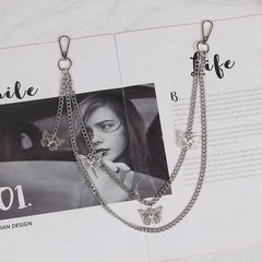 Cute Womens Pearls&Butterfly Jeans Chain Silver Double Layers Astronaut Wallet Chains Jeans Chain For Women