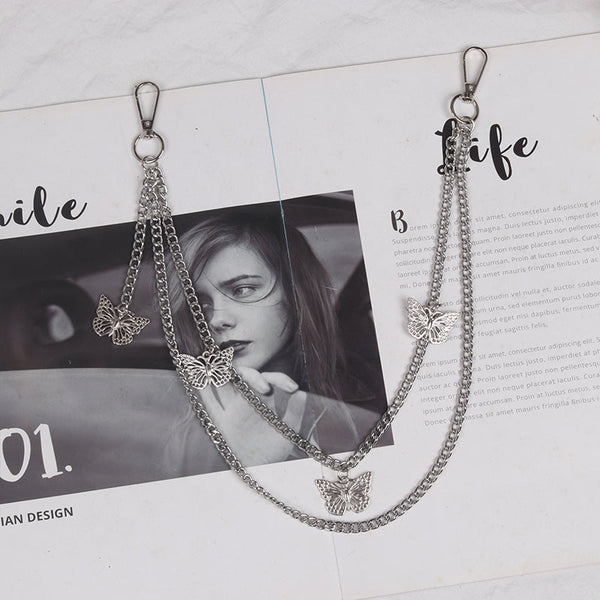 Cute Womens Small Butterflys Jeans Chain Silver Double Layers Astronaut Wallet Chains Jeans Chain For Women
